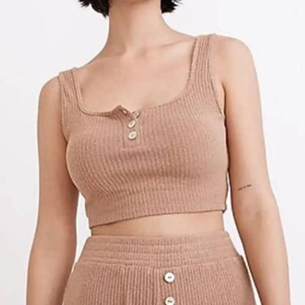 Madewell MWL Sleeveless Ribbed Knit Square Neck Henley Cropped Tank Top Brown XS